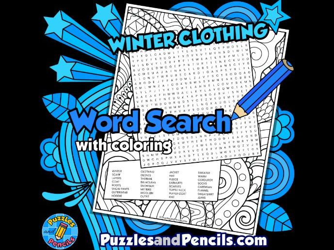 Winter clothing word search puzzle activity page with colouring teaching resources