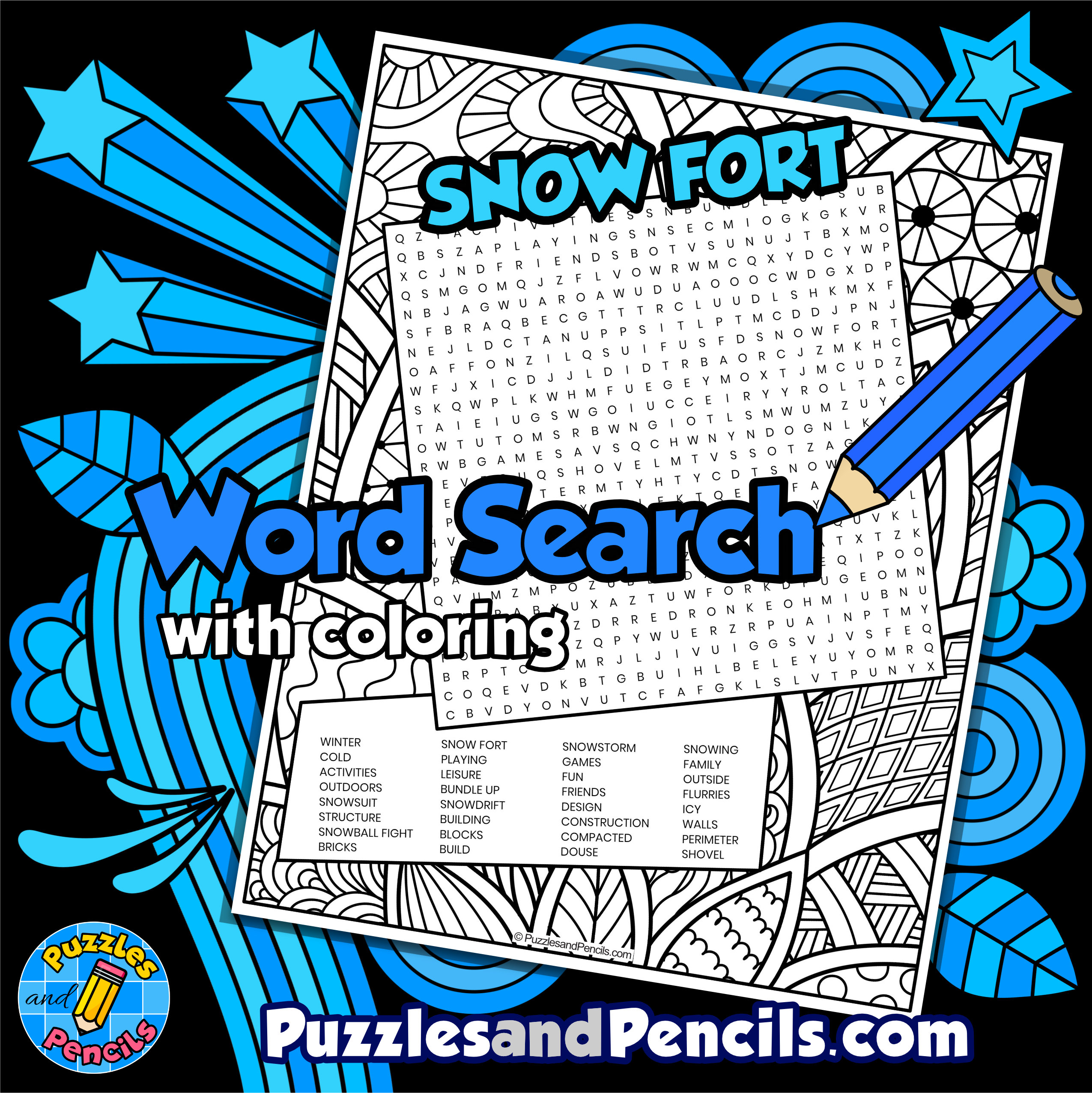 Snow fort word search puzzle activity page with coloring seasons winter made by teachers