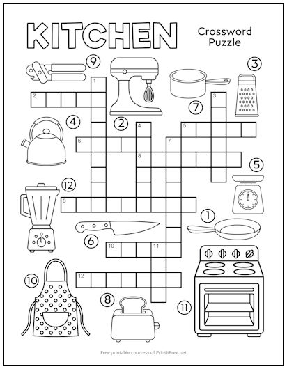 Kitchen crossword puzzle for kids print it free