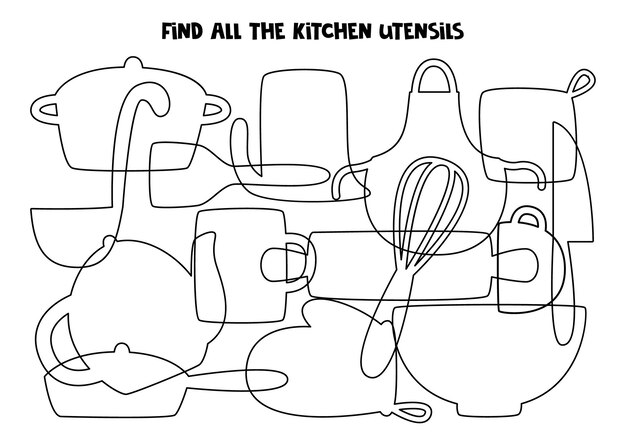 Premium vector find all the imposed kitchen utensils find all silhouettes logical puzzle for kids
