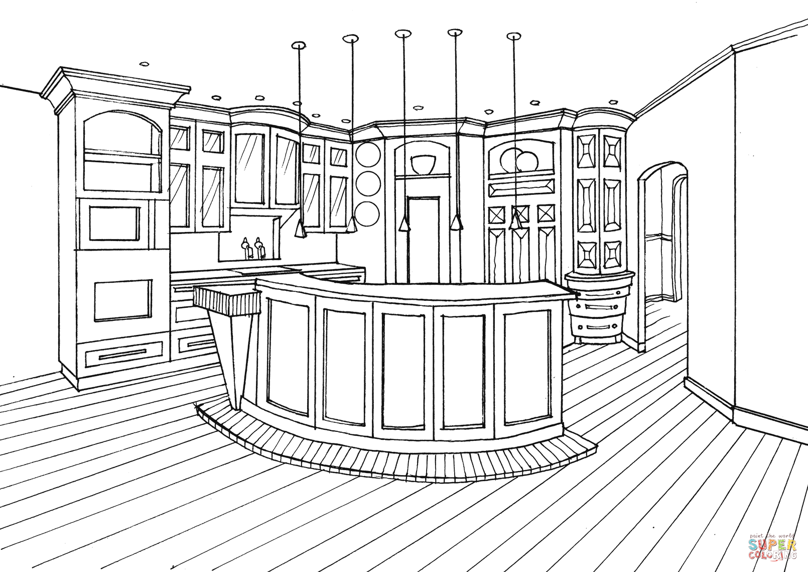Kitchen with bar counter coloring page free printable coloring pages