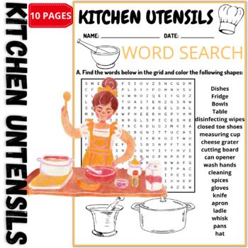 Kitchen utensils word search and coloring puzzle worksheets activity pages