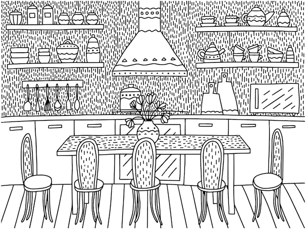 Premium vector kitchen interior coloring page cute coloring page with cozy kitchen and dining table