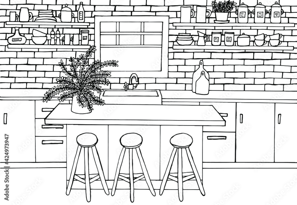 Kitchen interior coloring page hand drawn kitchen furniture coloring design for children and adults dining table kitchen island bar chairs palm tree window brick wall cooking utensils cups vector