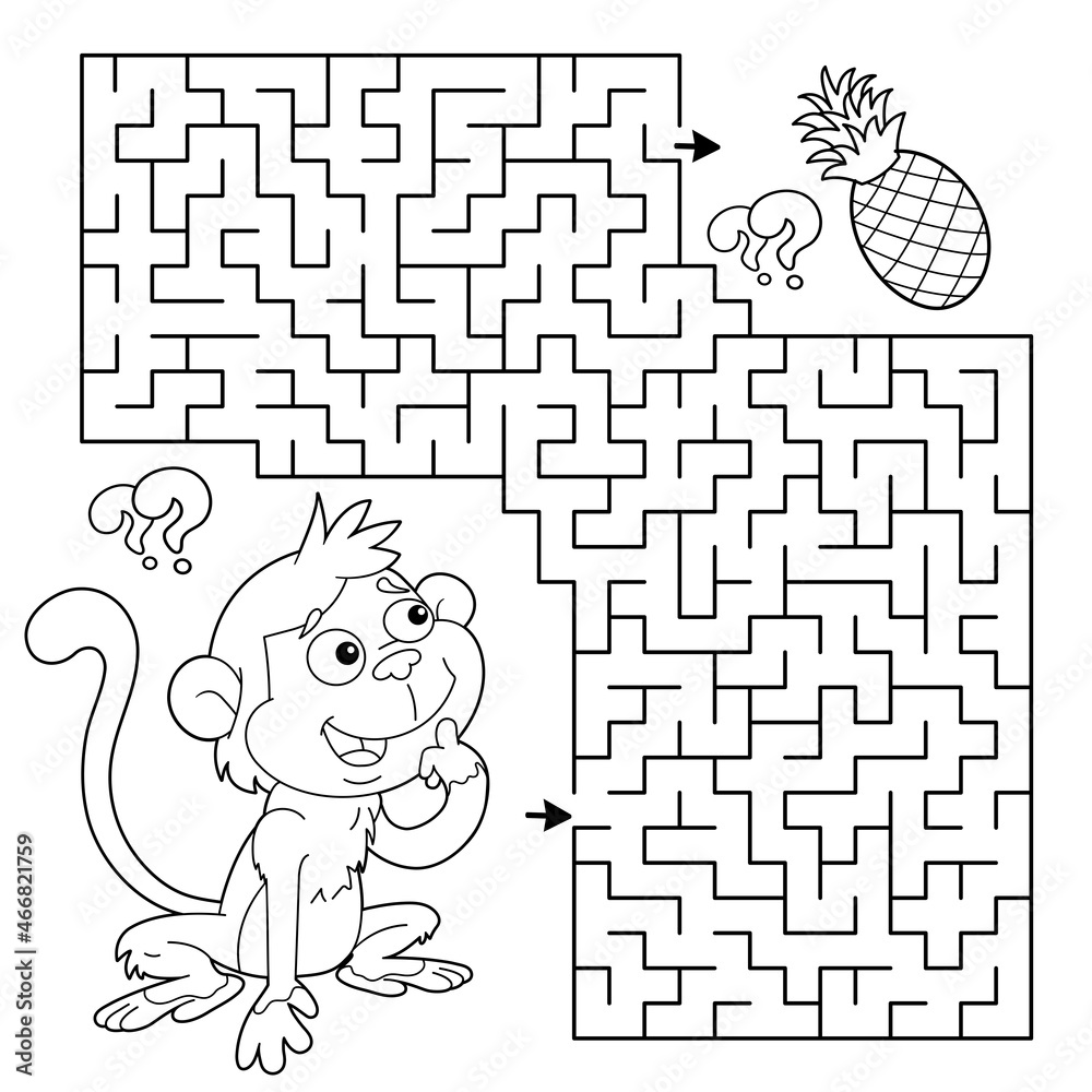 Maze or labyrinth game puzzle coloring page outline of cartoon little monkey with pineapples collect fruits coloring book for kids vector
