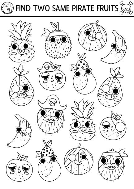 Black and white find two same pirate fruits treasure island line matching activity for children sea adventures educational quiz worksheet or coloring page for kids with cute banana apple stock illustration