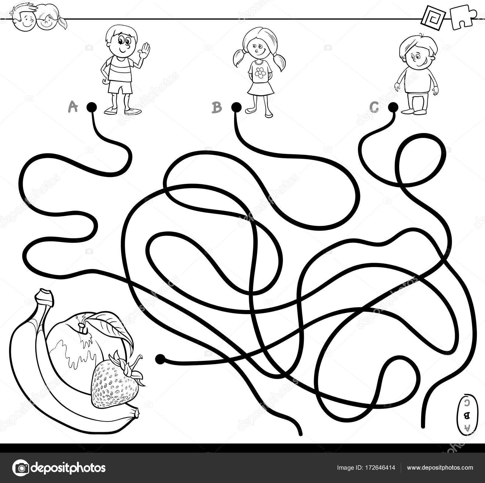 Maze with kids and fruits coloring book stock vector by izakowski