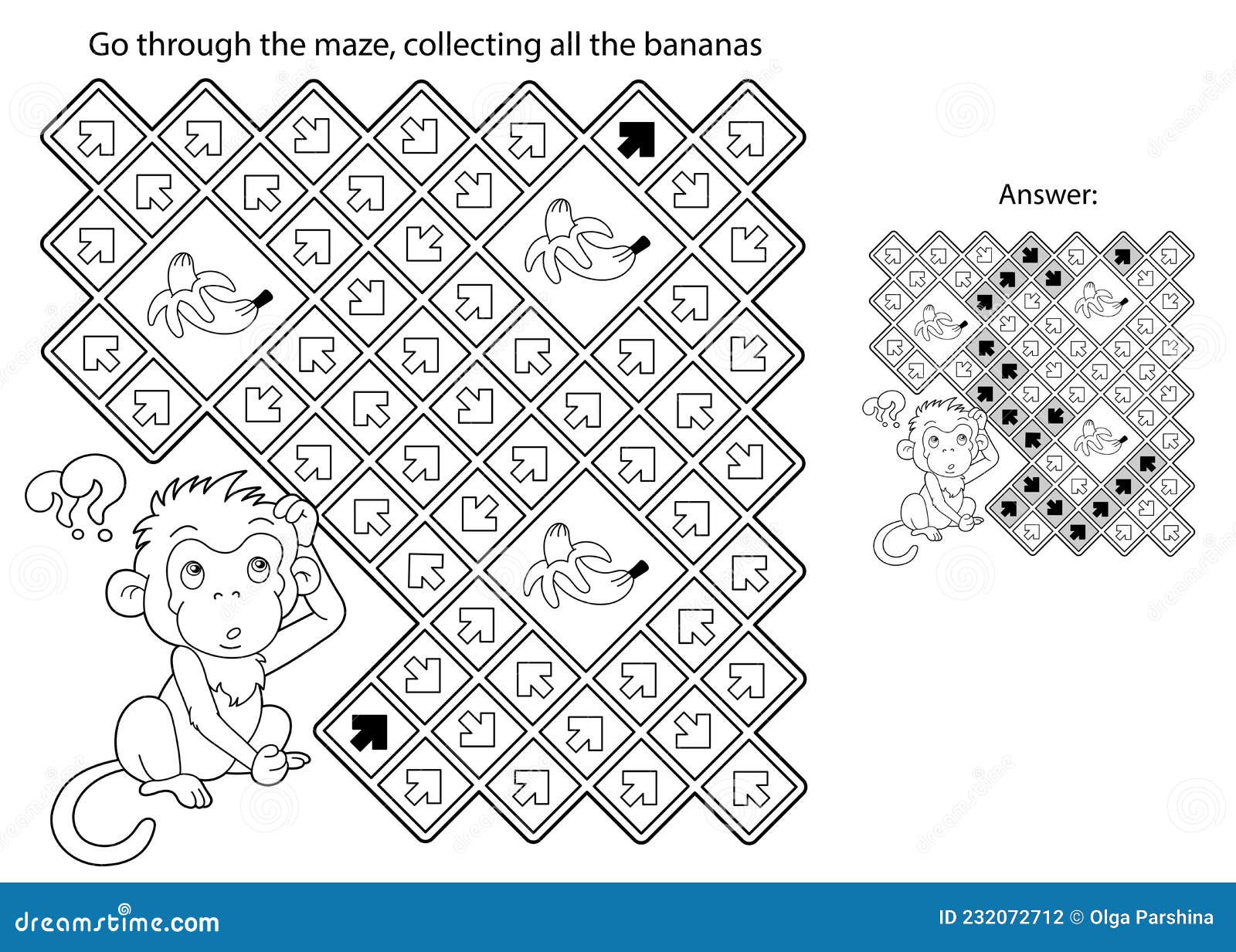 Maze or labyrinth game puzzle coloring page outline of cartoon little monkey with bananas coloring book for kids stock vector