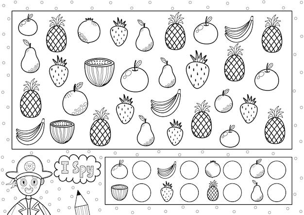 Premium vector i spy game coloring page for kids find and count fruits search the same object black and white puzzle how many elements are there