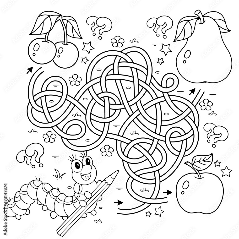 Maze or labyrinth game puzzle tangled road coloring page outline of cartoon fun caterpillars with fruits coloring book for kids vector