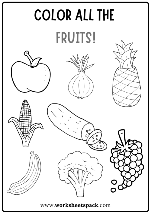 Color all the fruits worksheet free coloring activity pages for kindergarten students