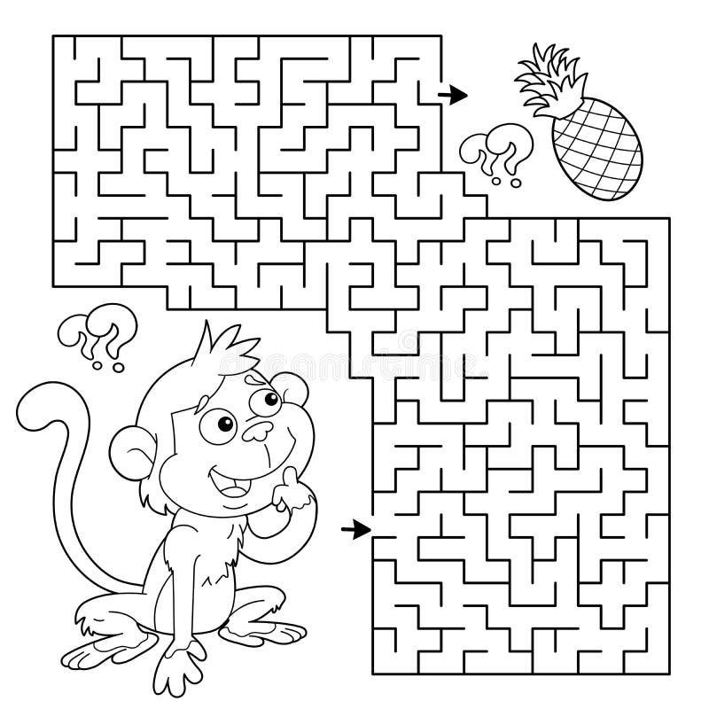Maze or labyrinth game puzzle coloring page outline of cartoon little monkey with pineapples collect fruits stock vector