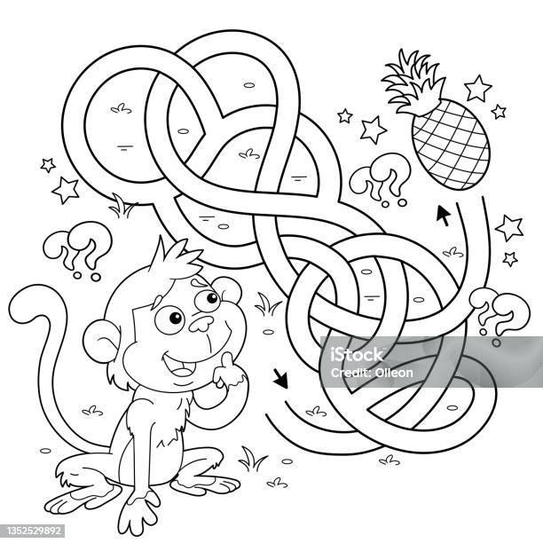 Maze or labyrinth game puzzle tangled road coloring page outline of cartoon little monkey with pineapples collect fruits coloring book for kids stock illustration