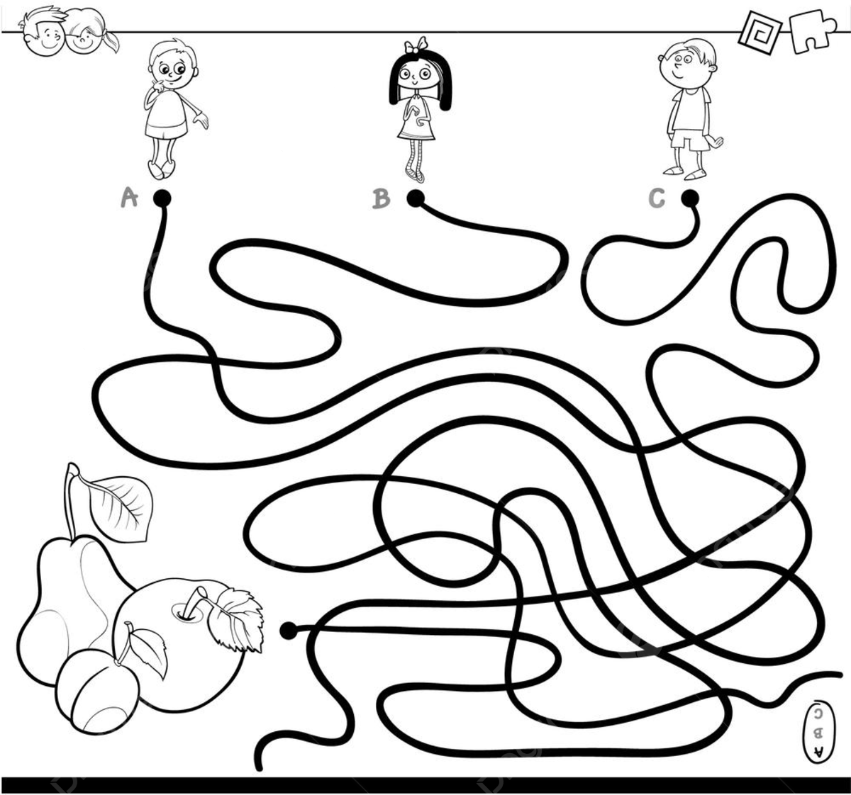 Black and white cartoon illustration of paths or maze puzzle activity game with children characters and fresh fruits coloring book template download on