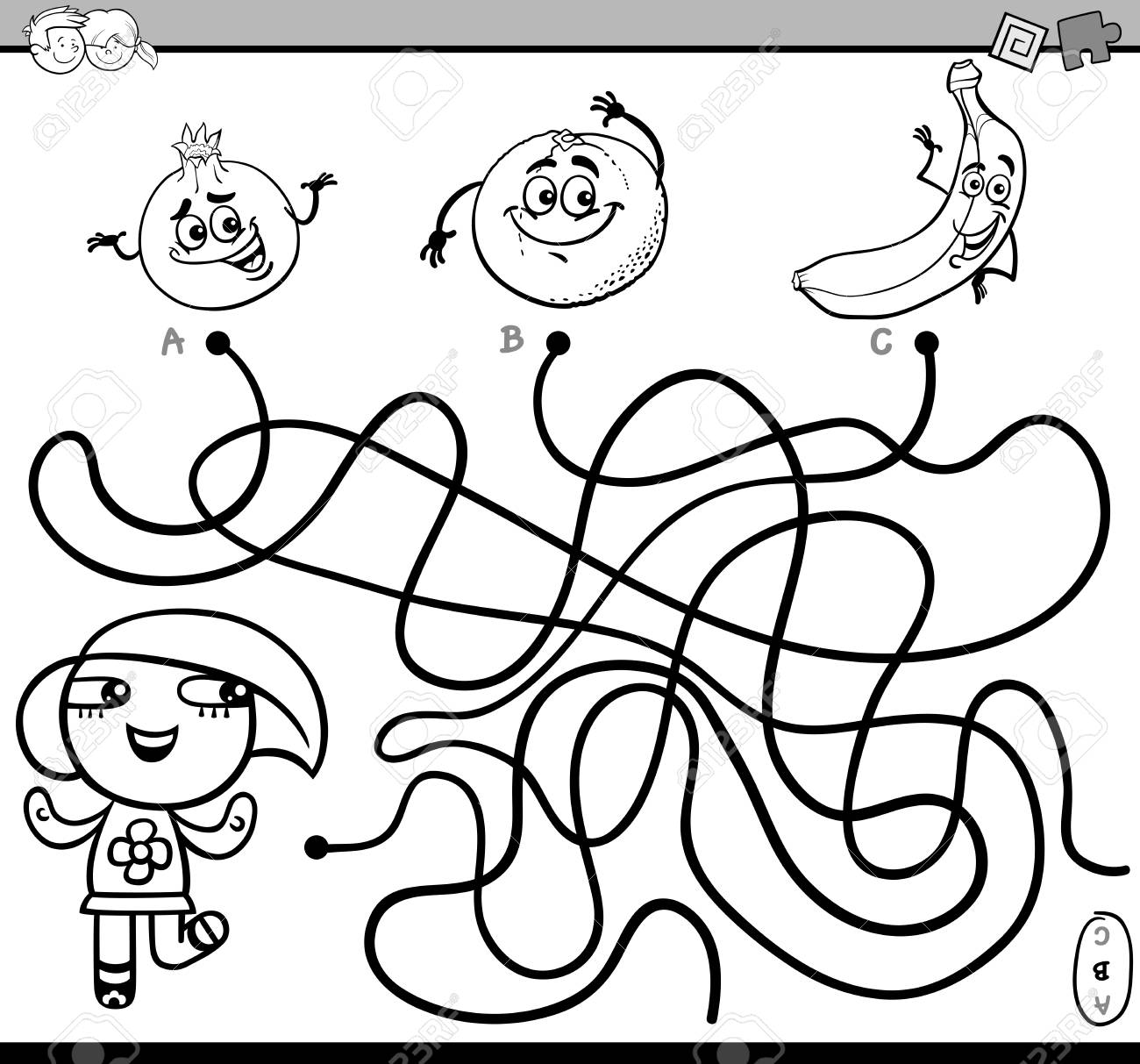 Black and white cartoon illustration of educational paths or maze puzzle activity with little girl and fruits coloring book royalty free svg cliparts vectors and stock illustration image