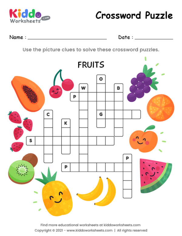 Free printable crossword puzzle fruits worksheet
