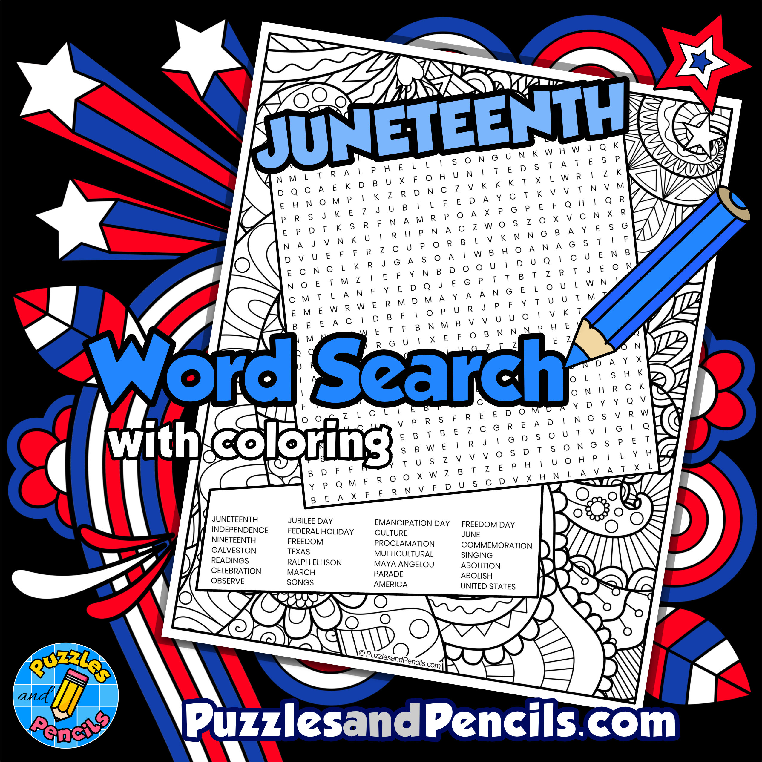 Juneteenth word search puzzle with coloring june wordsearch made by teachers