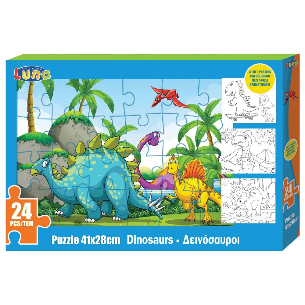 Puzzle dinosaurs pieces x cm with coloring pages