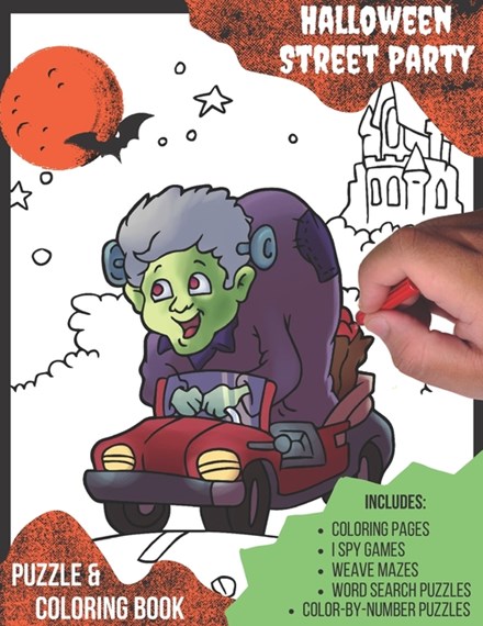 Halloween street party puzzle and coloring book by justin fun