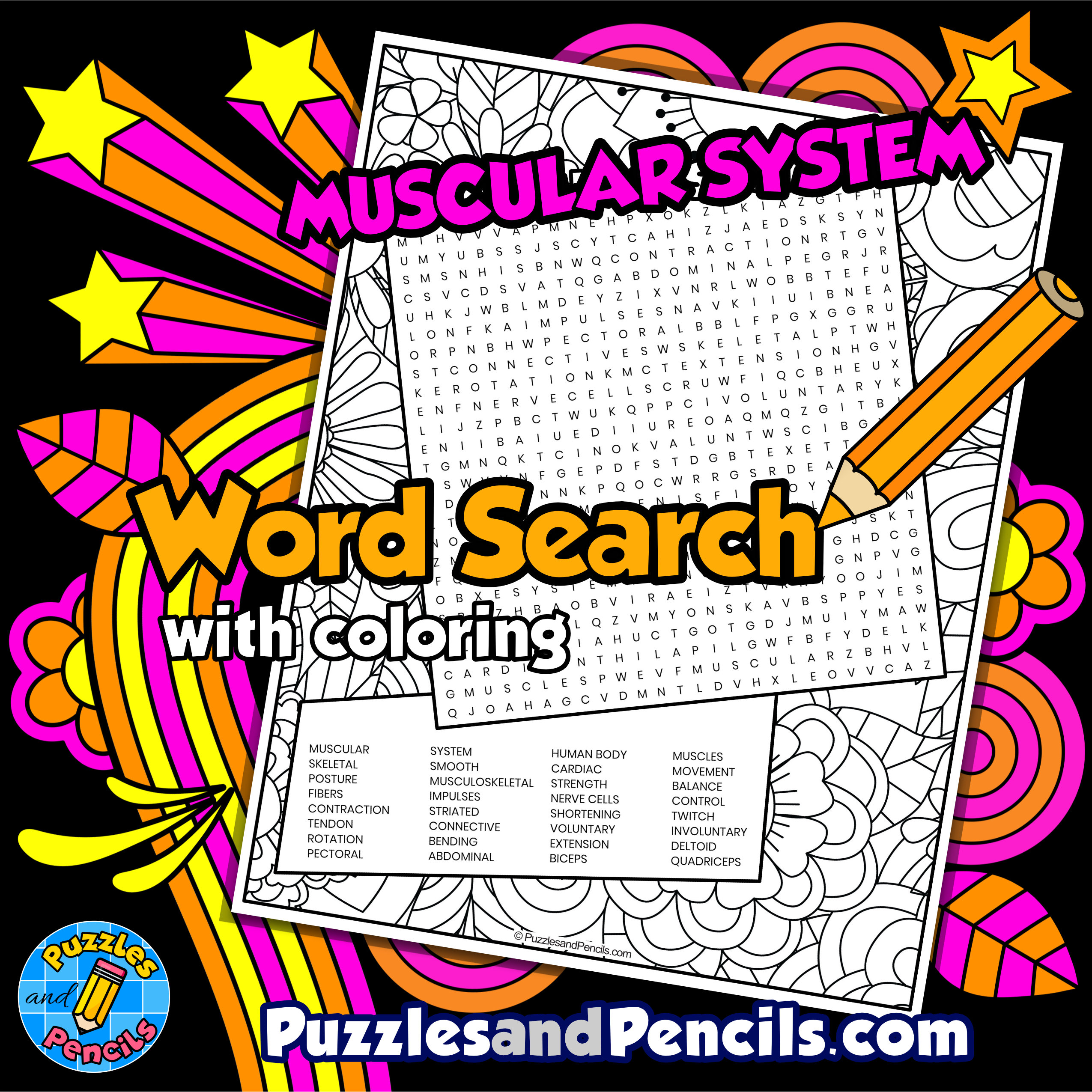 Muscular system word search puzzle with coloring human body systems wordsearch made by teachers