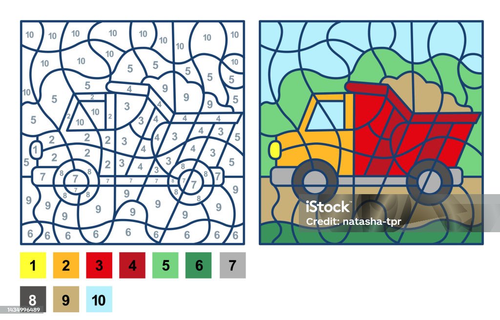Puzzle game truck car color by number sheet for children vector coloring page for learning numbers stock illustration