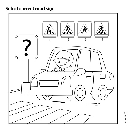 Educational puzzle game for kids select correct road sign coloring page outline of cartoon driver with car coloring book for children stock illustration
