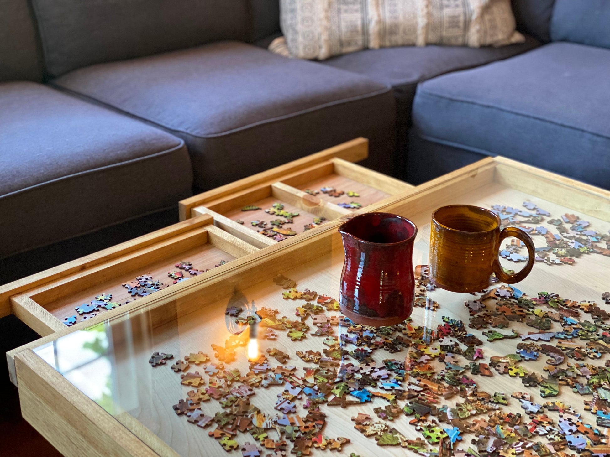 Rustic puzzle coffee table with removable glass top