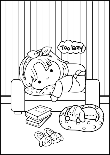 Premium vector a coloring pages of a girl relaxing in the sofa