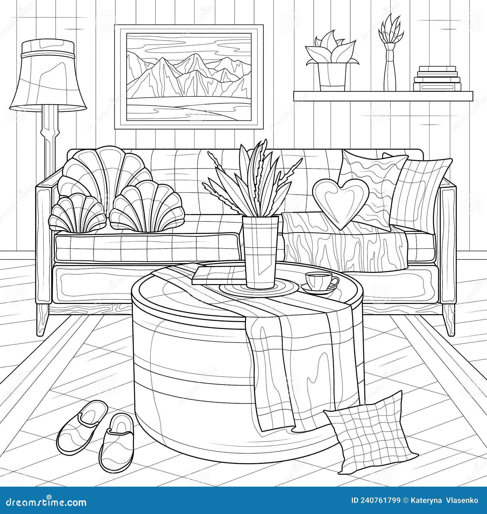 Interior room with sofacoloring book antistress for children and adults stock vector
