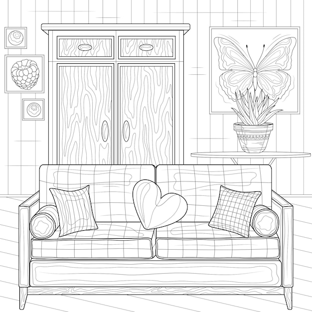 Premium vector room with sofa and wardrobe interiorcoloring book antistress for children and adults zen