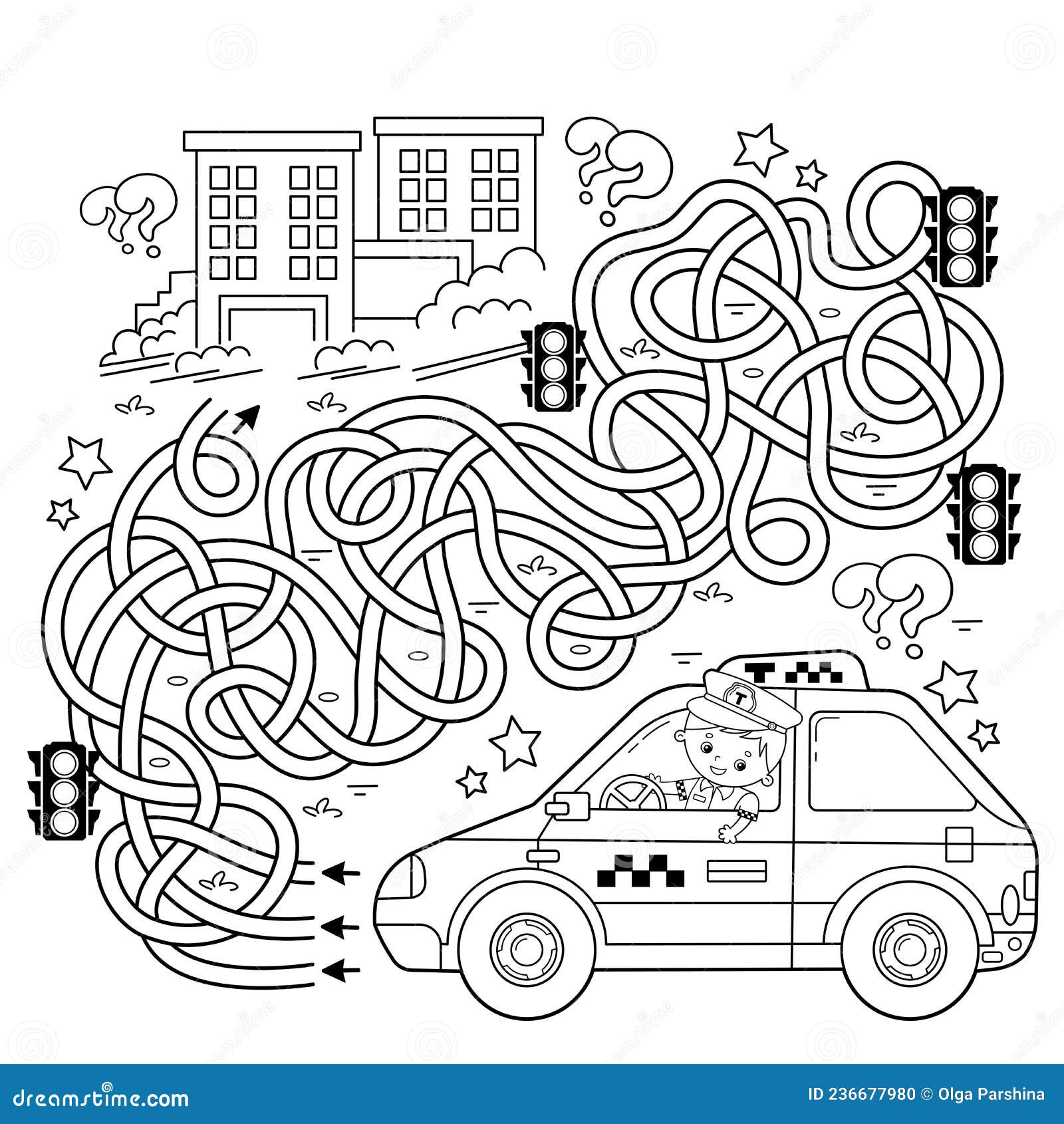 Maze or labyrinth game puzzle tangled road coloring page outline of cartoon taxi driver with car profession