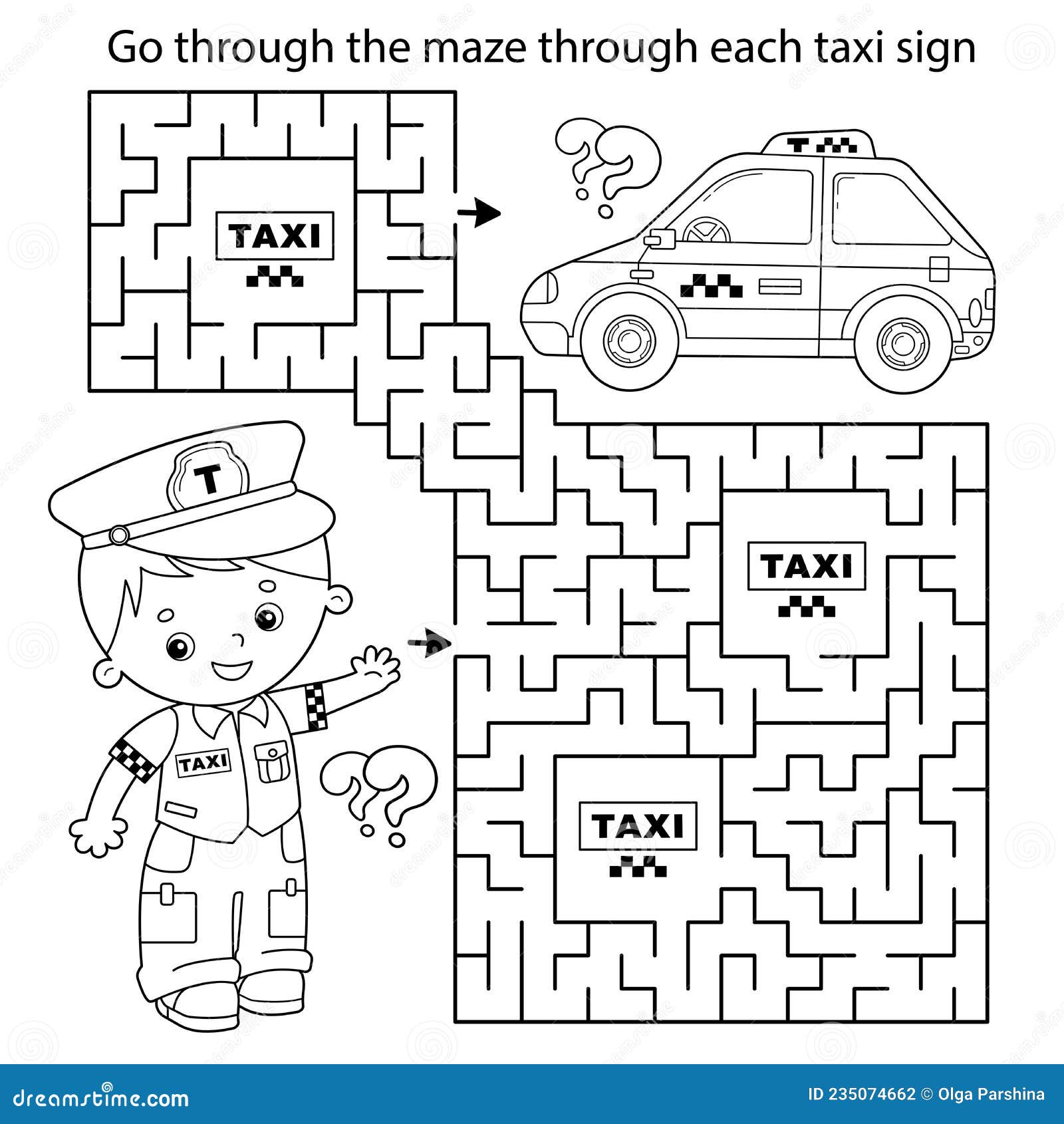 Maze or labyrinth game puzzle coloring page outline of cartoon taxi driver with car profession
