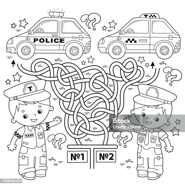 Maze or labyrinth game puzzle tangled road coloring page outline of cartoon taxi driver and policeman with cars profession coloring book for kids stock illustration