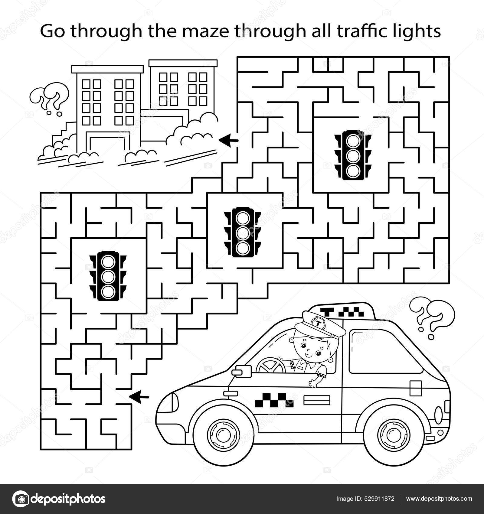 Maze labyrinth game puzzle coloring page outline cartoon taxi driver stock vector by oleon