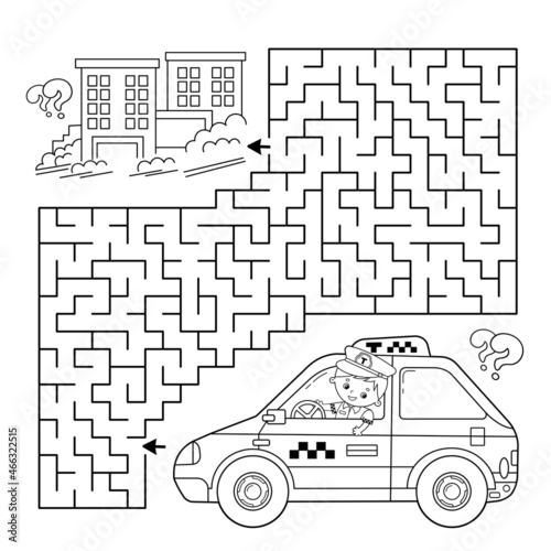 Maze or labyrinth game puzzle coloring page outline of cartoon taxi driver with car profession