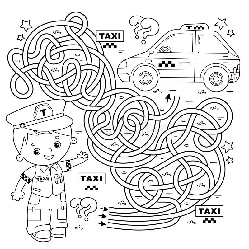 Maze or labyrinth game puzzle tangled road coloring page outline of cartoon taxi driver with car profession