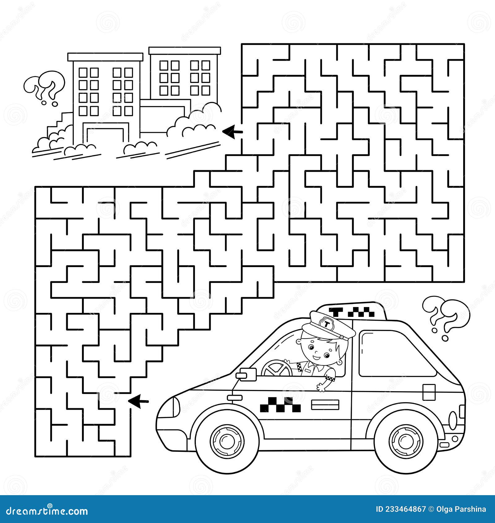 Maze or labyrinth game puzzle coloring page outline of cartoon taxi driver with car profession