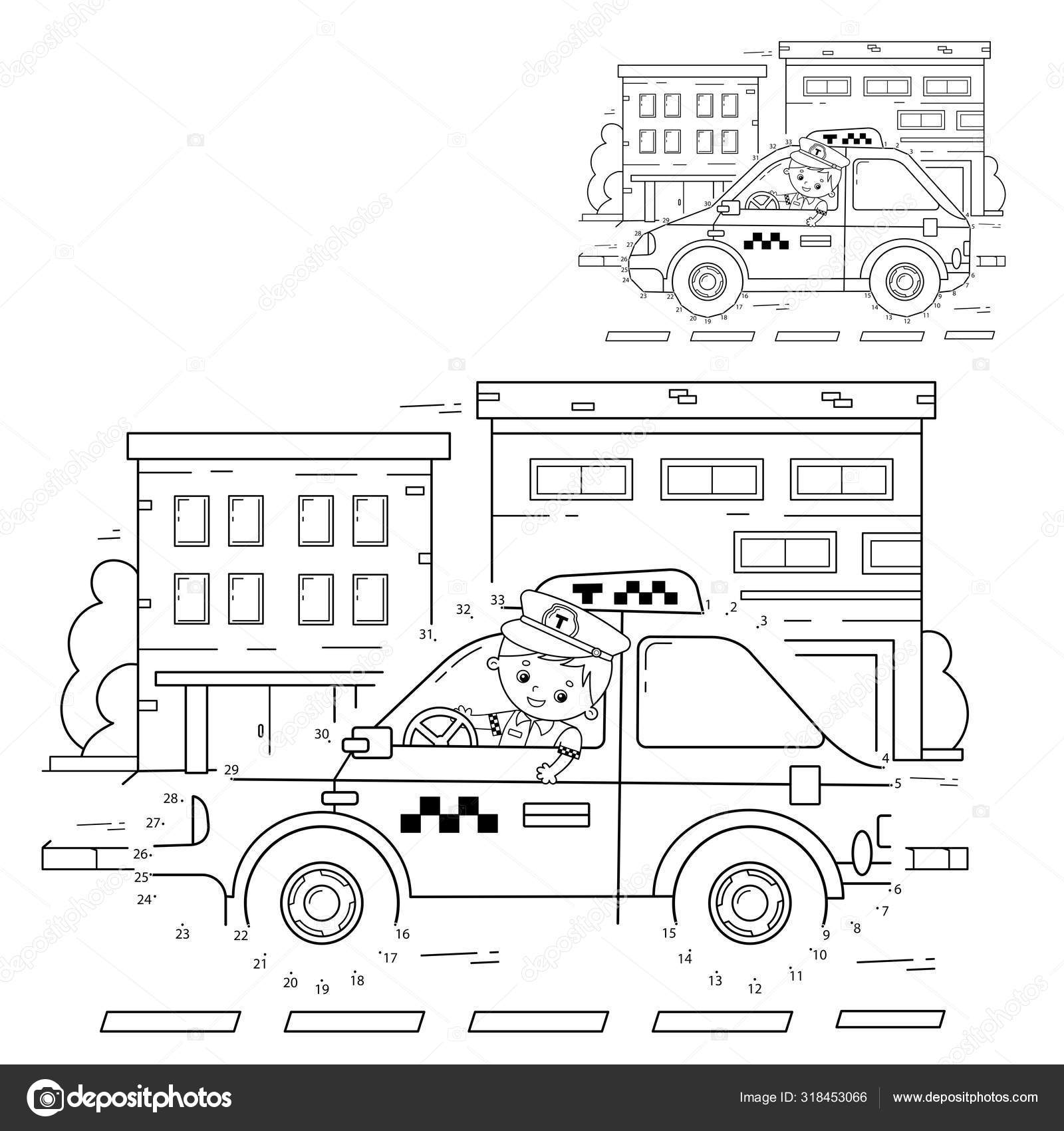 Educational puzzle game for kids numbers gametaxi coloring page outline of cartoon taxi driver with car coloring book for children stock vector by oleon