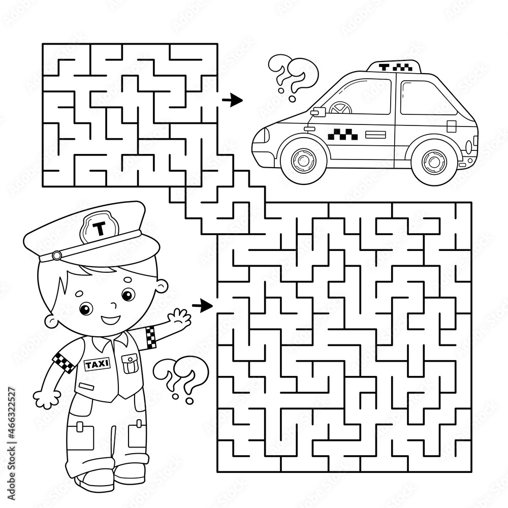 Maze or labyrinth game puzzle coloring page outline of cartoon taxi driver with car profession