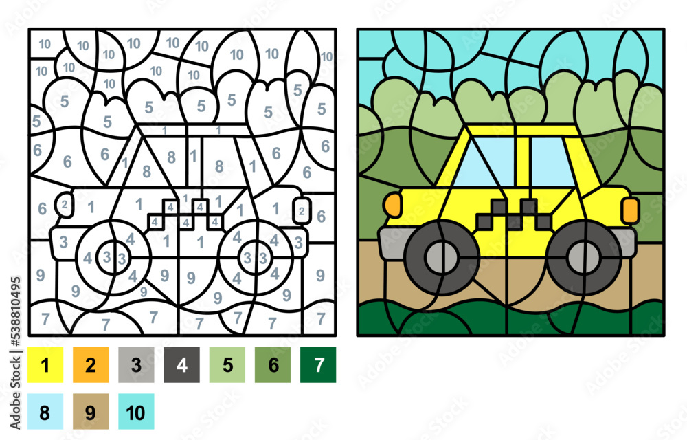 Vector coloring page for children education and activities puzzle game color by number yellow taxi vector