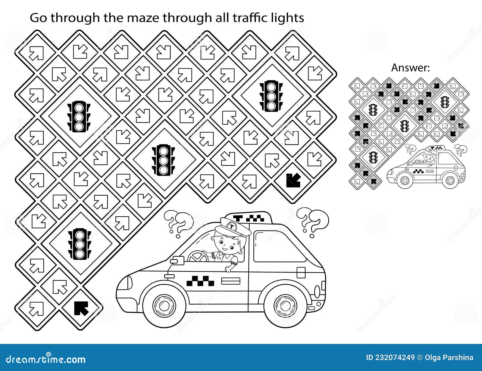 Maze or labyrinth game puzzle coloring page outline of cartoon taxi driver with car profession