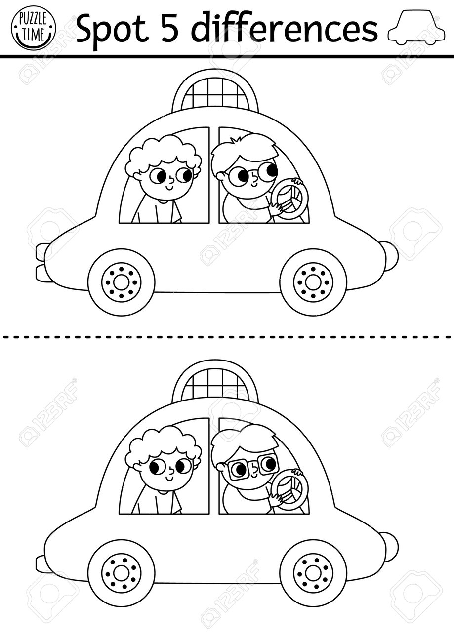 Find differences game for children transportation line educational black and white activity with taxi cab passenger driver cute puzzle for kids with transport printable worksheet coloring page royalty free svg cliparts vectors