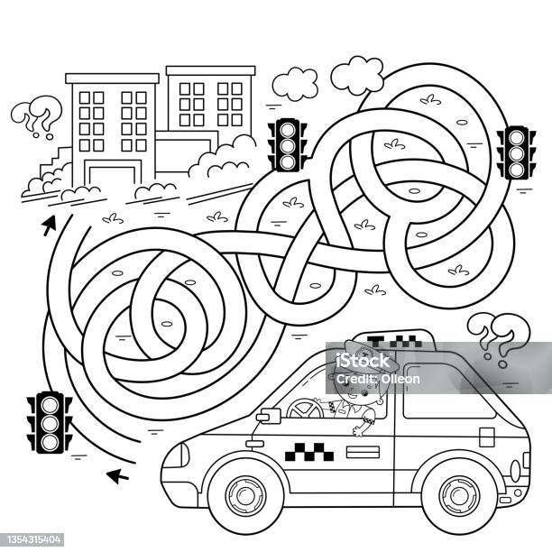 Maze or labyrinth game puzzle tangled road coloring page outline of cartoon taxi driver with car profession driver taxi coloring book for kids stock illustration