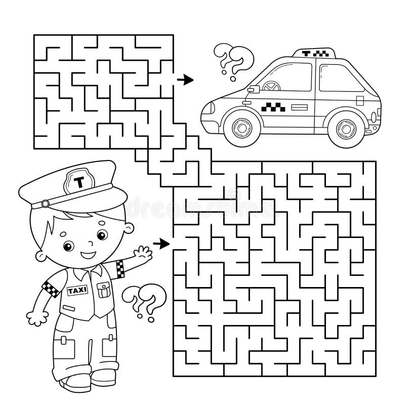 Maze or labyrinth game puzzle coloring page outline of cartoon taxi driver with car profession
