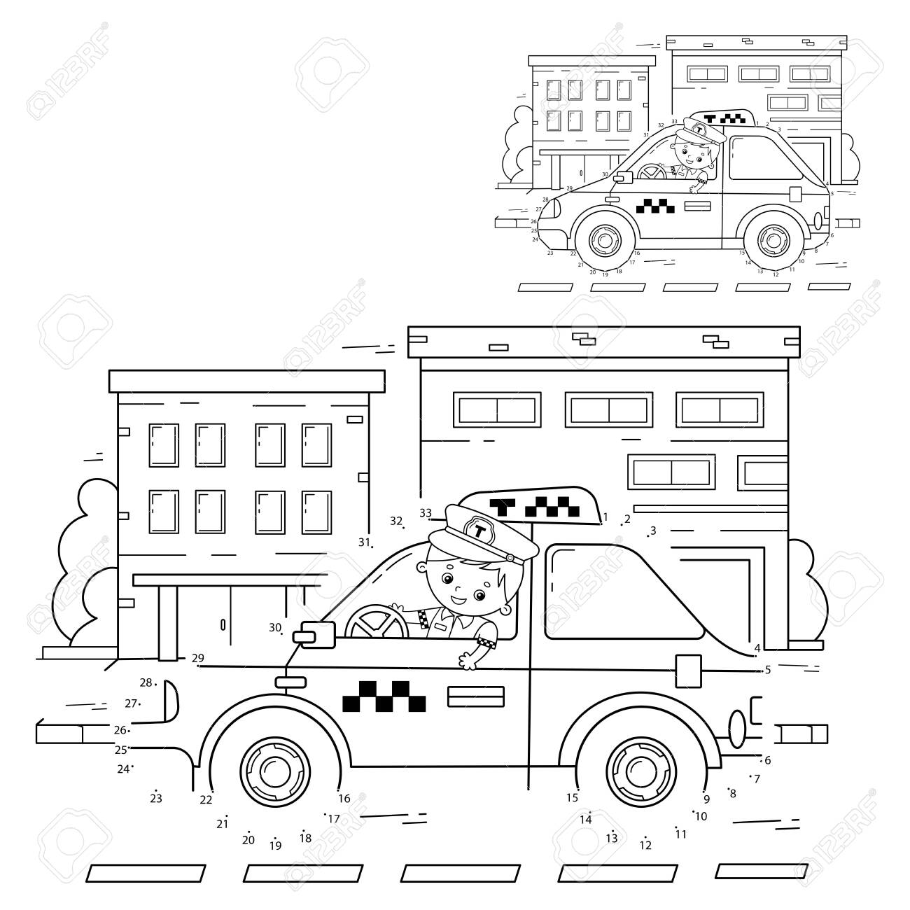 Educational puzzle game for kids numbers gametaxi coloring page outline of cartoon taxi driver with car coloring book for children royalty free svg cliparts vectors and stock illustration image