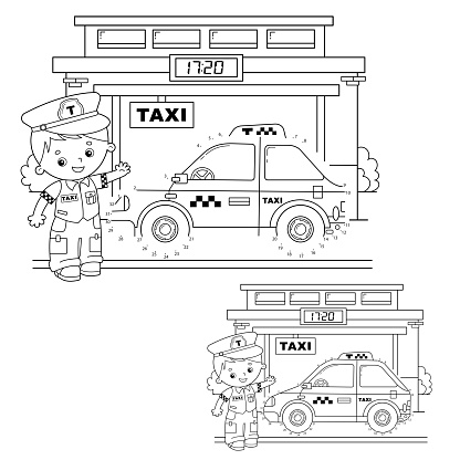 Educational puzzle game for kids numbers game taxi coloring page outline of cartoon taxi driver with car coloring book for children stock illustration