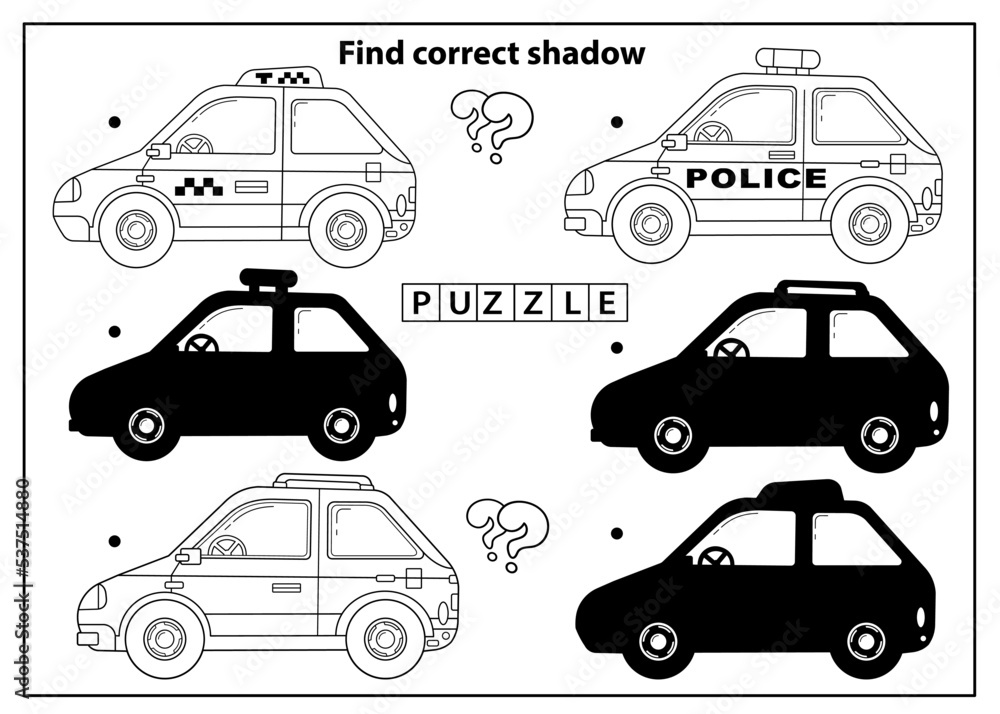 Vektorovã grafika âpuzzle game for kids find correct shadow images transport or vehicle cartoon passenger car or machine taxi and police car coloring book for childâ ze sluåby