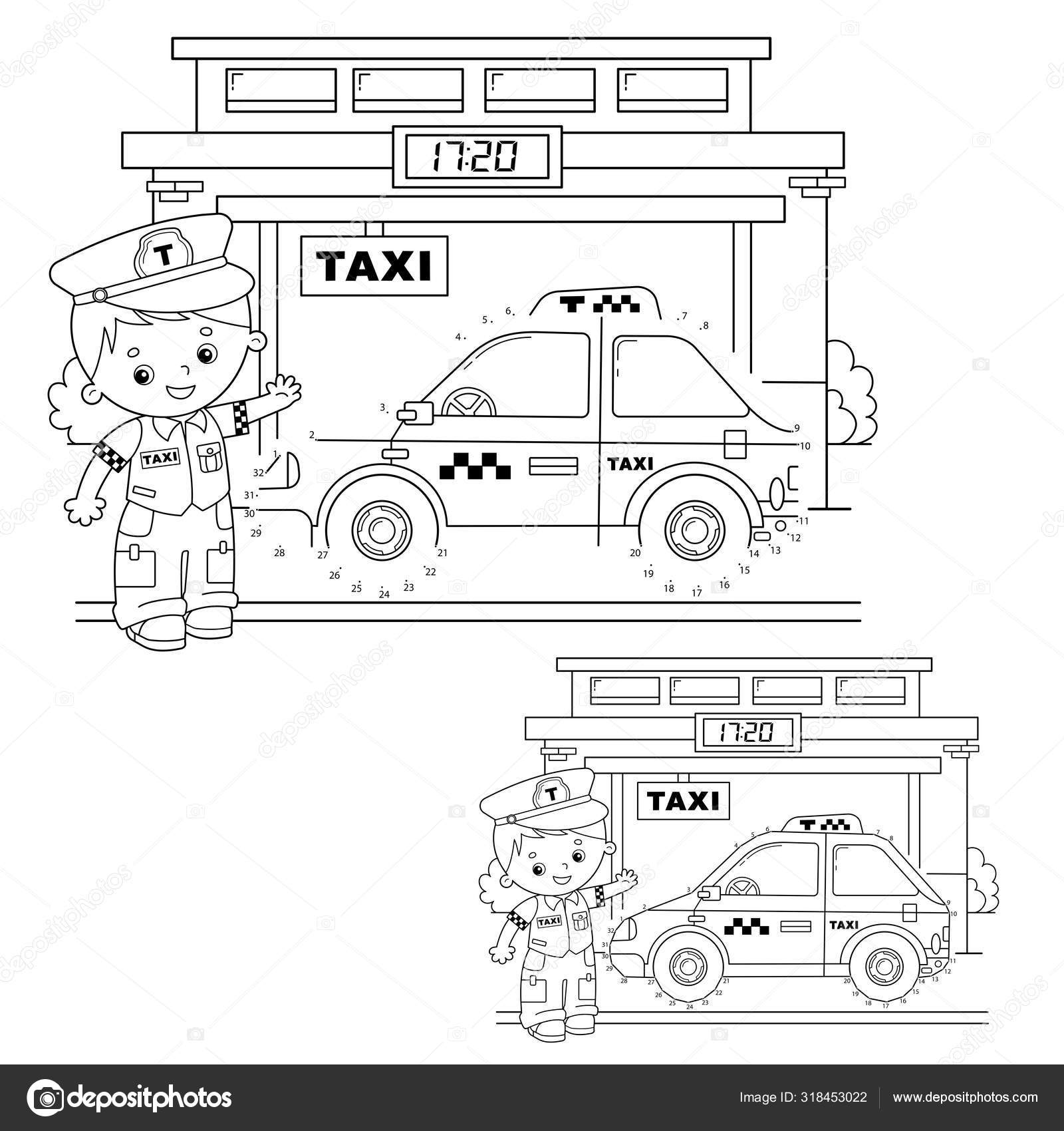 Educational puzzle game for kids numbers game taxi coloring page outline of cartoon taxi driver with car coloring book for children stock vector by oleon