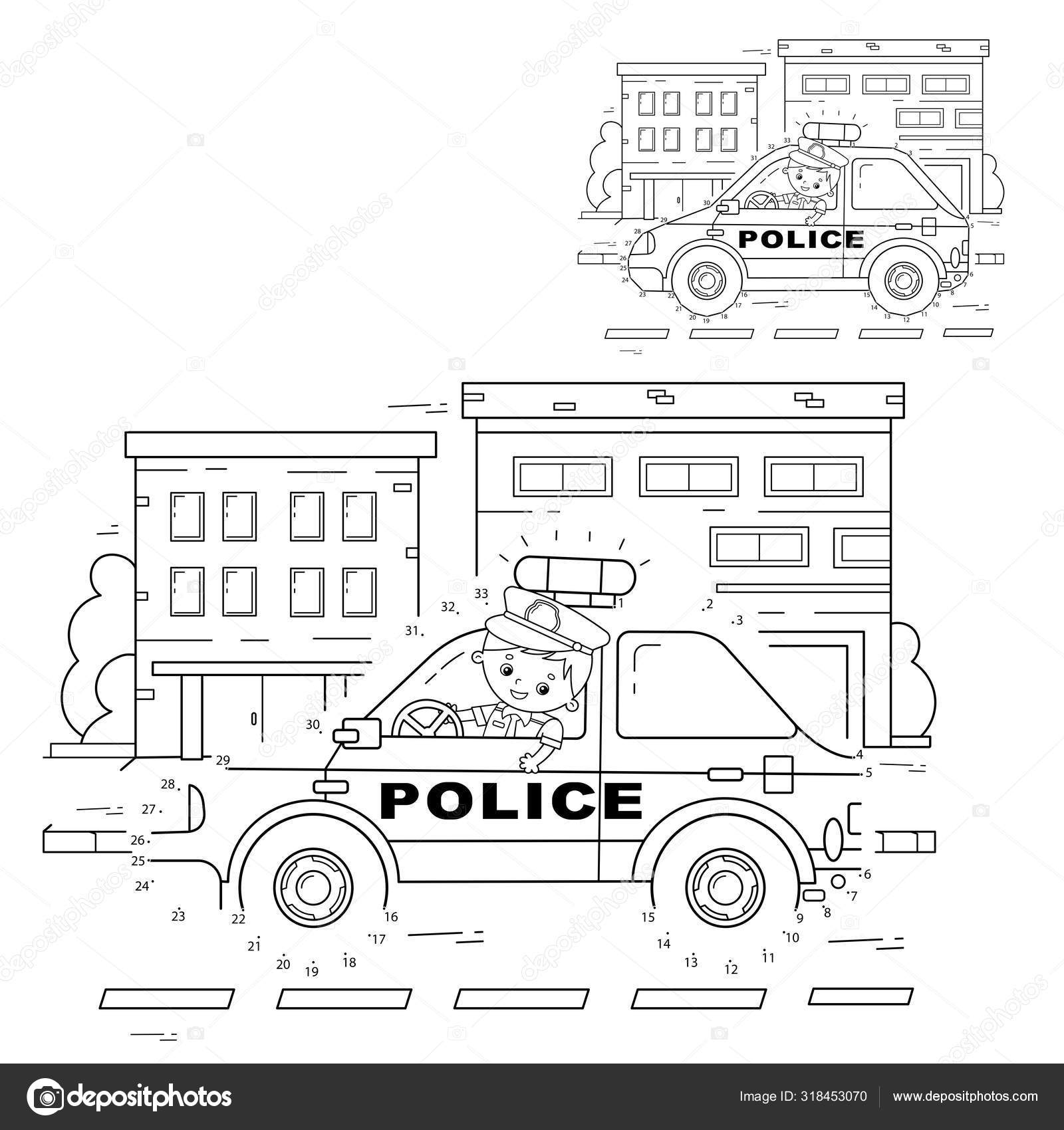 Educational puzzle game for kids numbers gamepolice car coloring page outline of cartoon policeman with car coloring book for children stock vector by oleon