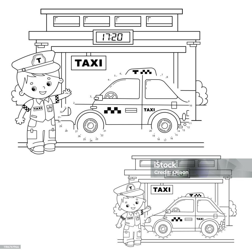 Educational puzzle game for kids numbers game taxi coloring page outline of cartoon taxi driver with car coloring book for children stock illustration